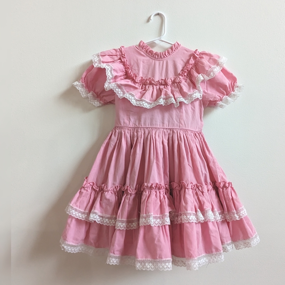 Vtg Small World 6x Dress Girls Pageant Frilly Ruffle Pink